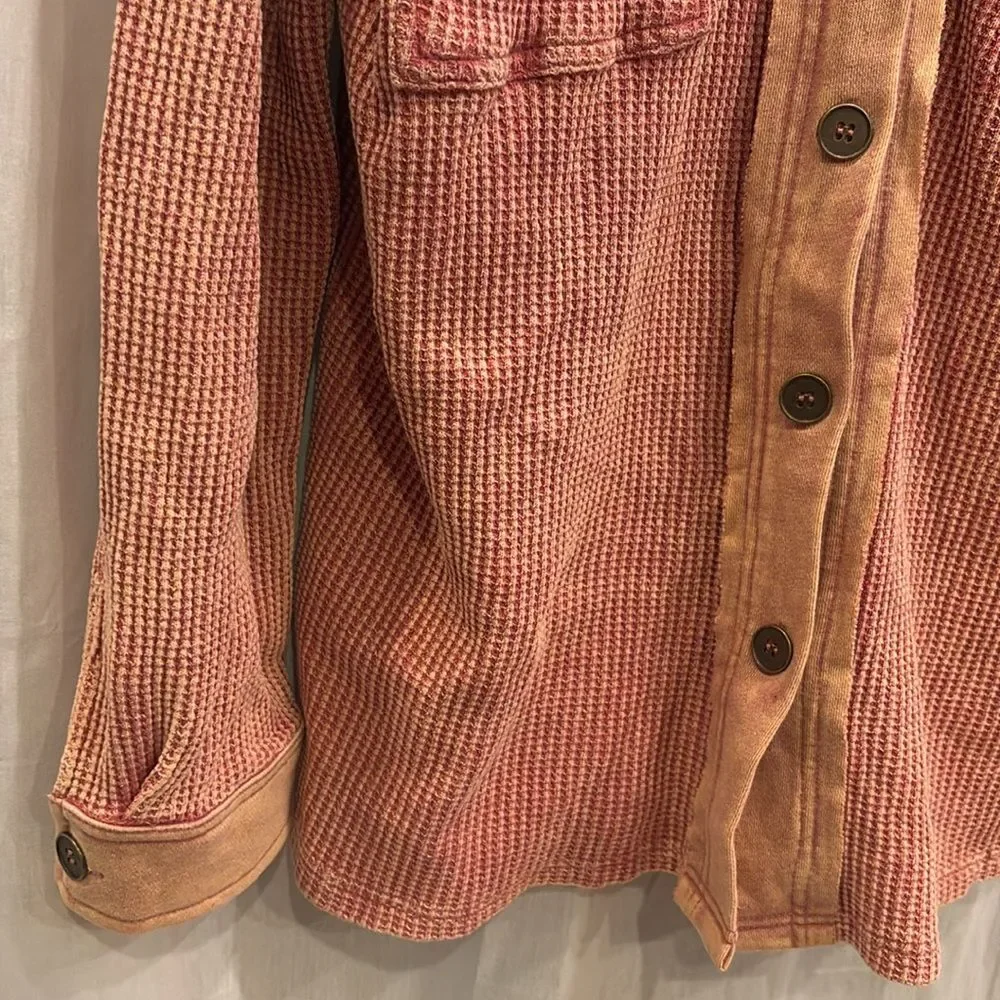 Vici Rigo Coral Pink Orange Sherbet Waffle Knit Oversized Button Down Shacket Sm